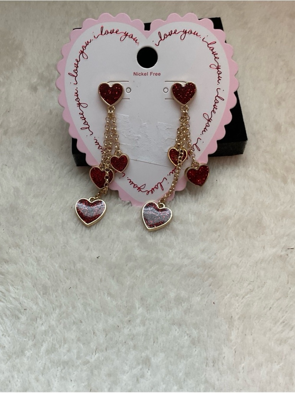Gold-Tone Red Glitter Heart Dangle Earrings